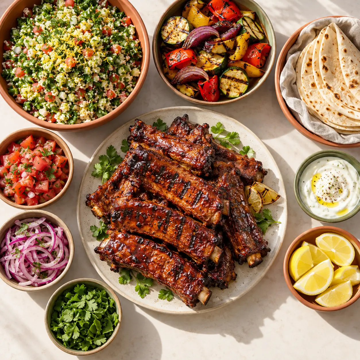 Plats conviviaux et estivaux à partager autour d'un barbecue avec ribs, taboulé et garnitures