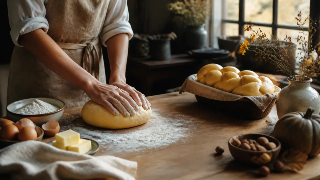 Pâte à brioche en cours de pétrissage sur un plan de travail lumineux