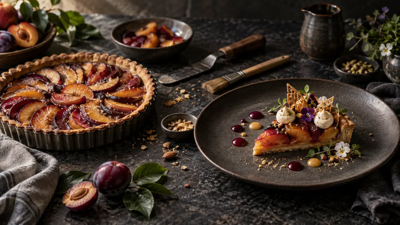 Tarte élégante dressée comme un dessert de chef sur une table en bois