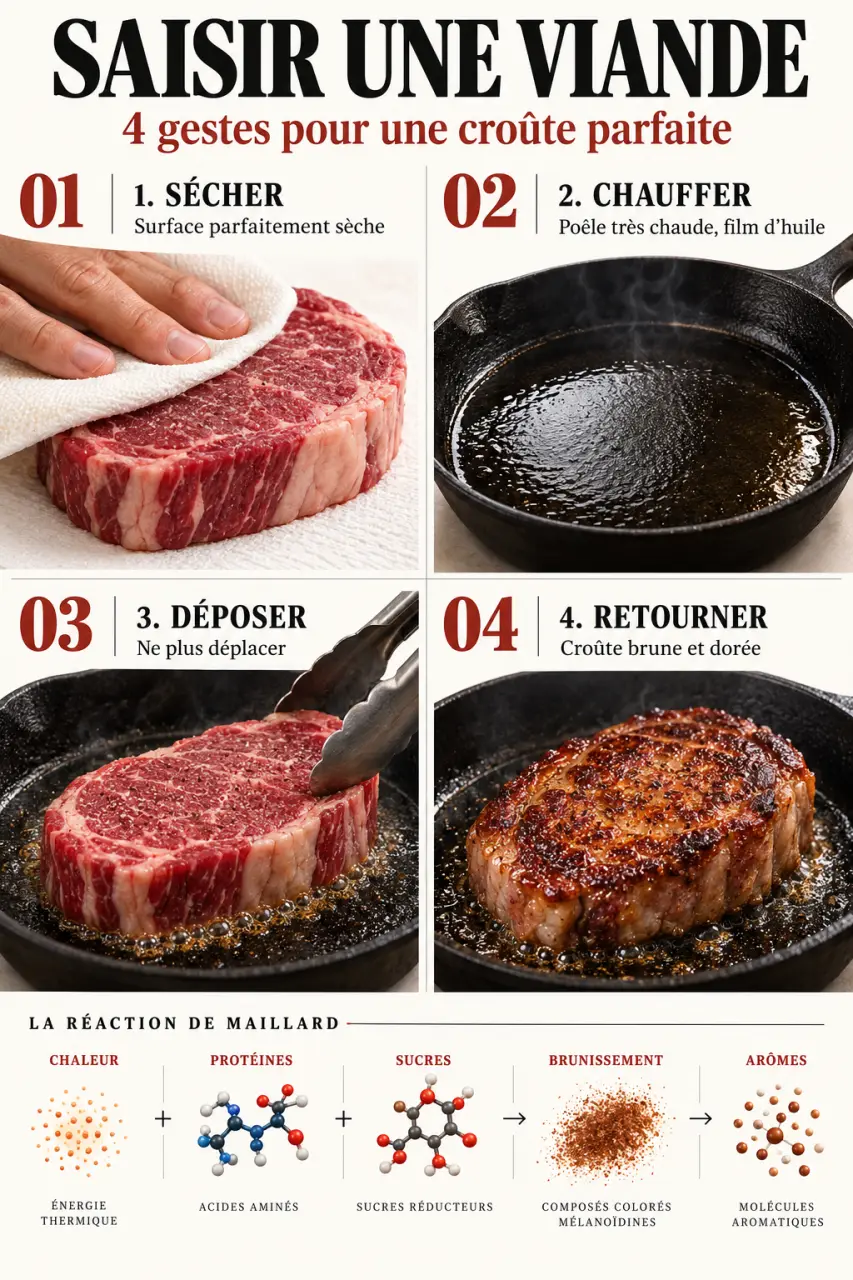 Saisir une viande à la poêle : surface sèche, forte chaleur et croûte dorée