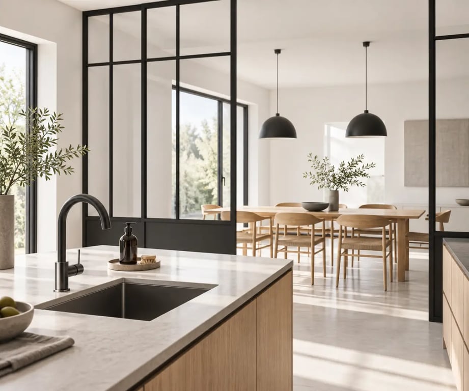 Cuisine salle à manger ouverte séparée par une verrière atelier