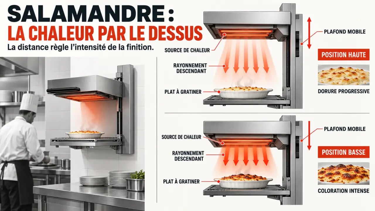 Schéma du fonctionnement d'une salamandre cuisine à chaleur radiante et plafond mobile