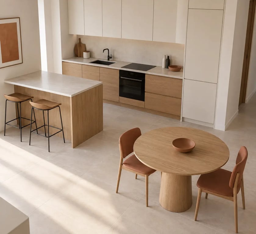 Petite cuisine salle à manger ouverte avec péninsule et table ronde