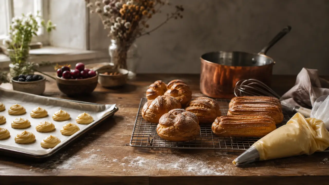Pâte à choux travaillée sur un plan de travail, dans une ambiance chaleureuse et artisanale