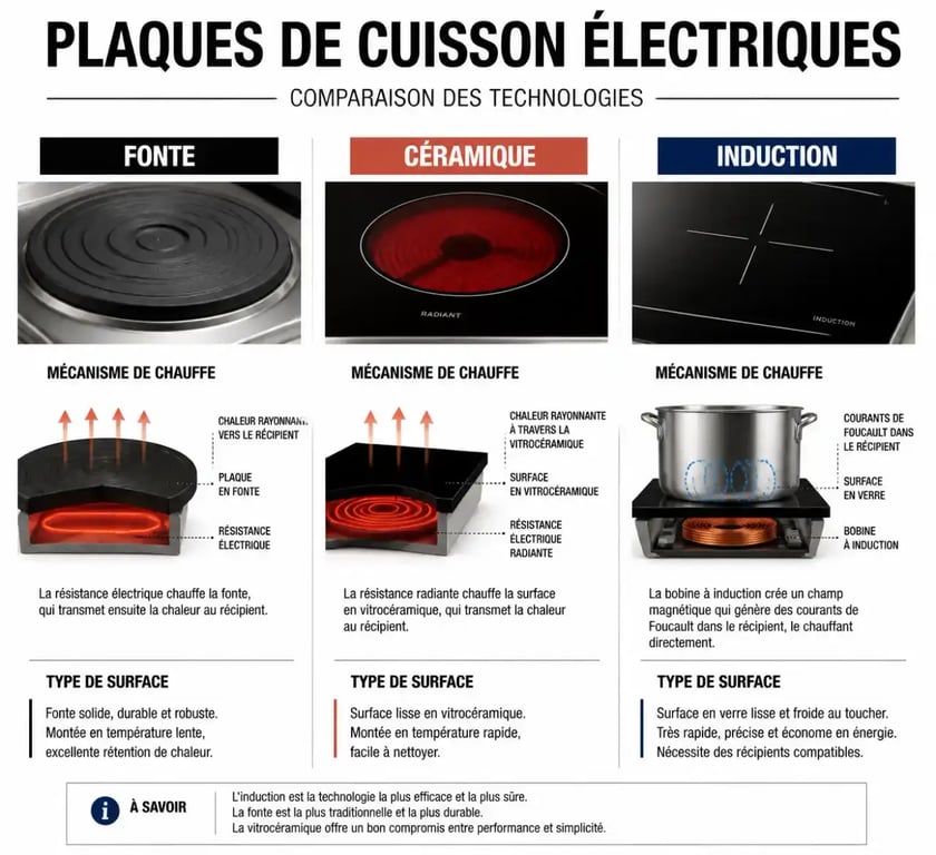 Comparaison des technologies de réchaud électrique : fonte, vitrocéramique et induction