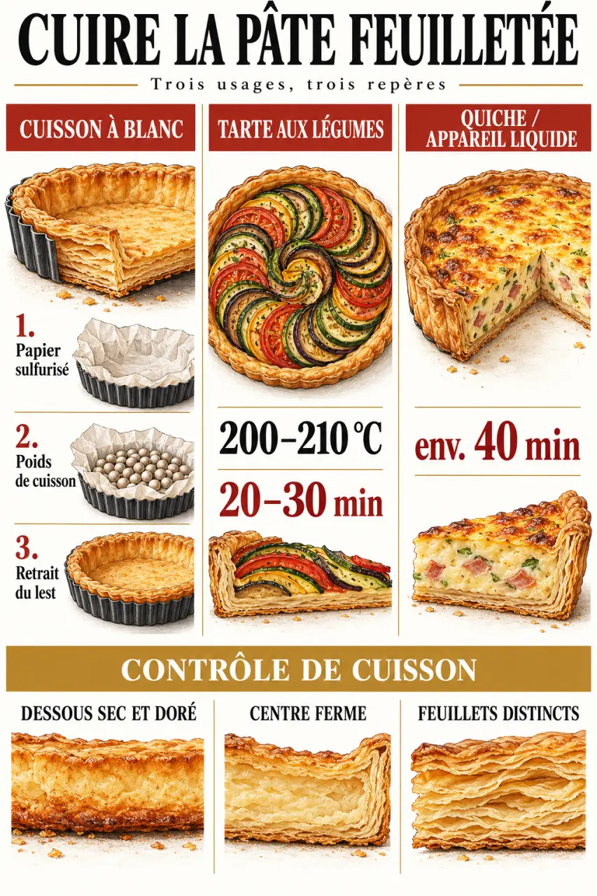 Infographie sur la cuisson de la pâte feuilletée, avec températures, durées et signes de cuisson réussie