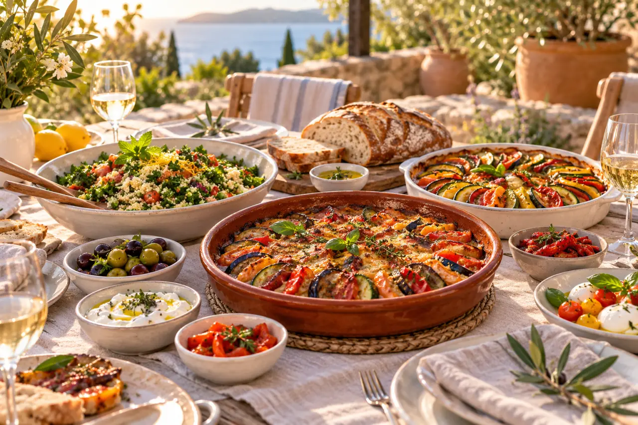 Plats conviviaux et estivaux à partager dressés sur une grande table en terrasse