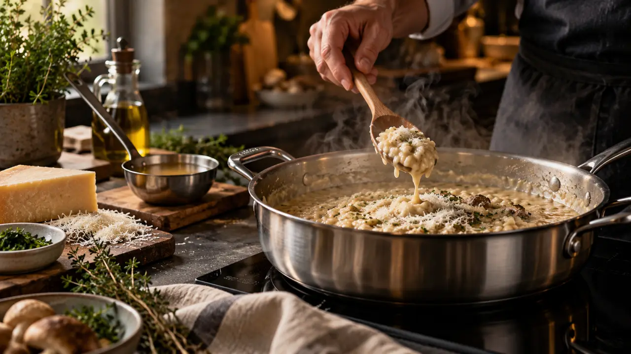Risotto crémeux en cours de préparation dans une casserole