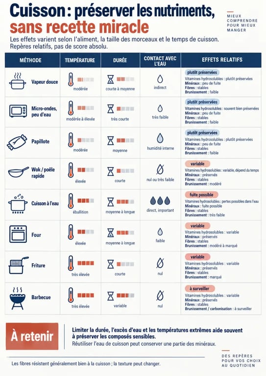 Comparatif des méthodes de cuisson pour préserver les nutriments selon la température, la durée et le contact avec l’eau