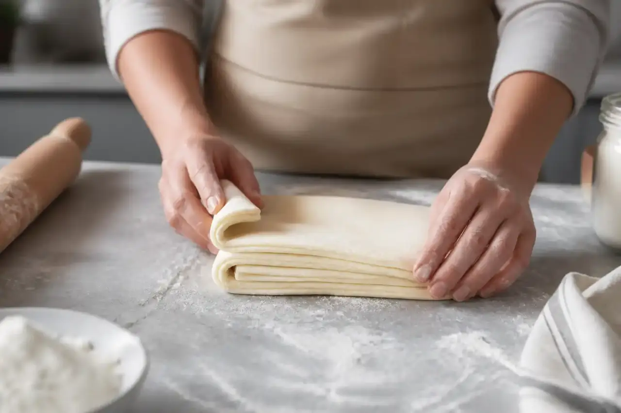 Pâte feuilletée maison en cours de tourage sur un plan de travail fariné