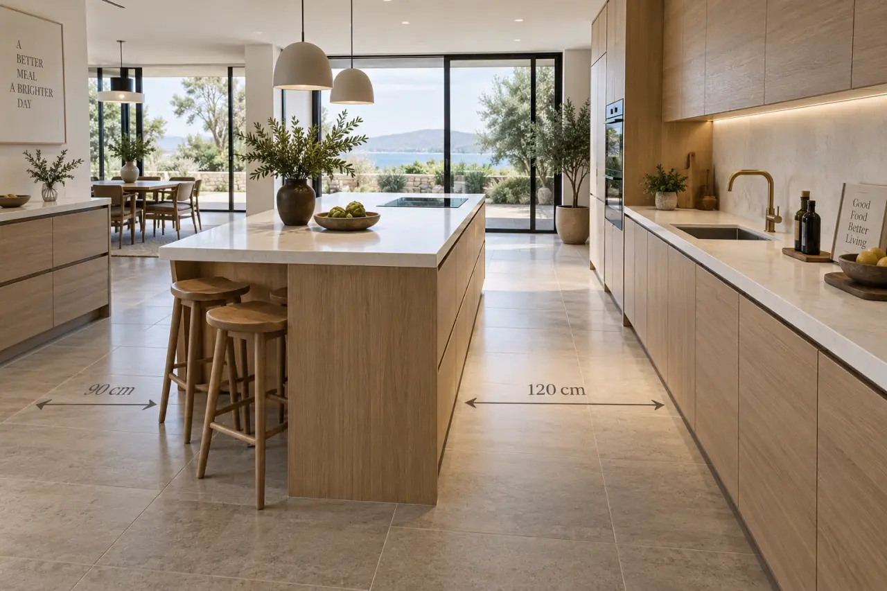 Prévoyez 90 cm entre le plan de travail et l’îlot, 120 cm pour cuisiner à deux