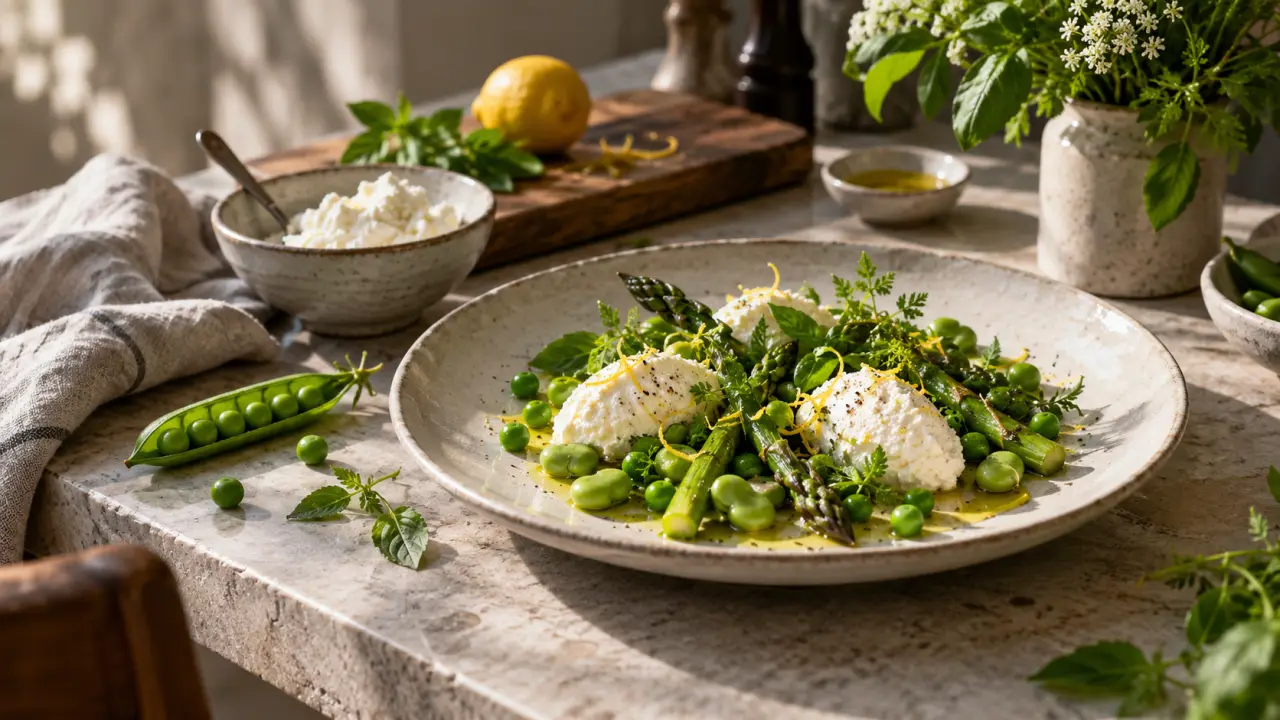 Assiette printanière de petits pois, herbes fraîches et ricotta