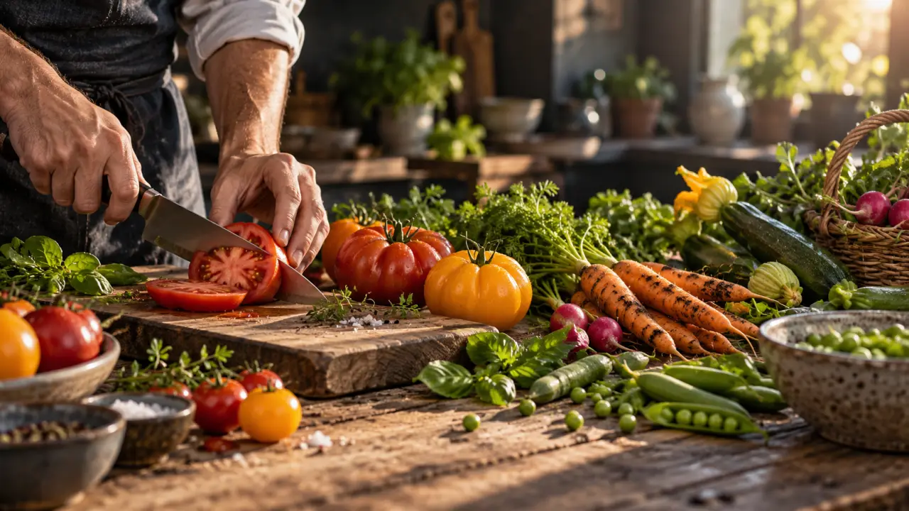 Légumes de saison colorés disposés sur une table en bois dans une cuisine chaleureuse