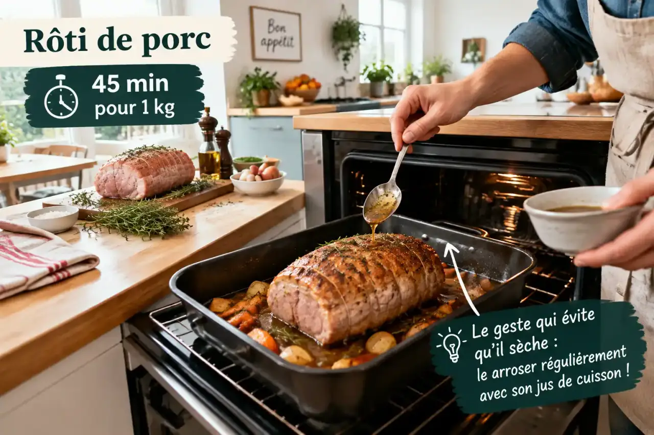 Rôti de porc : 45 min pour 1 kg, puis le geste qui évite qu’il sèche