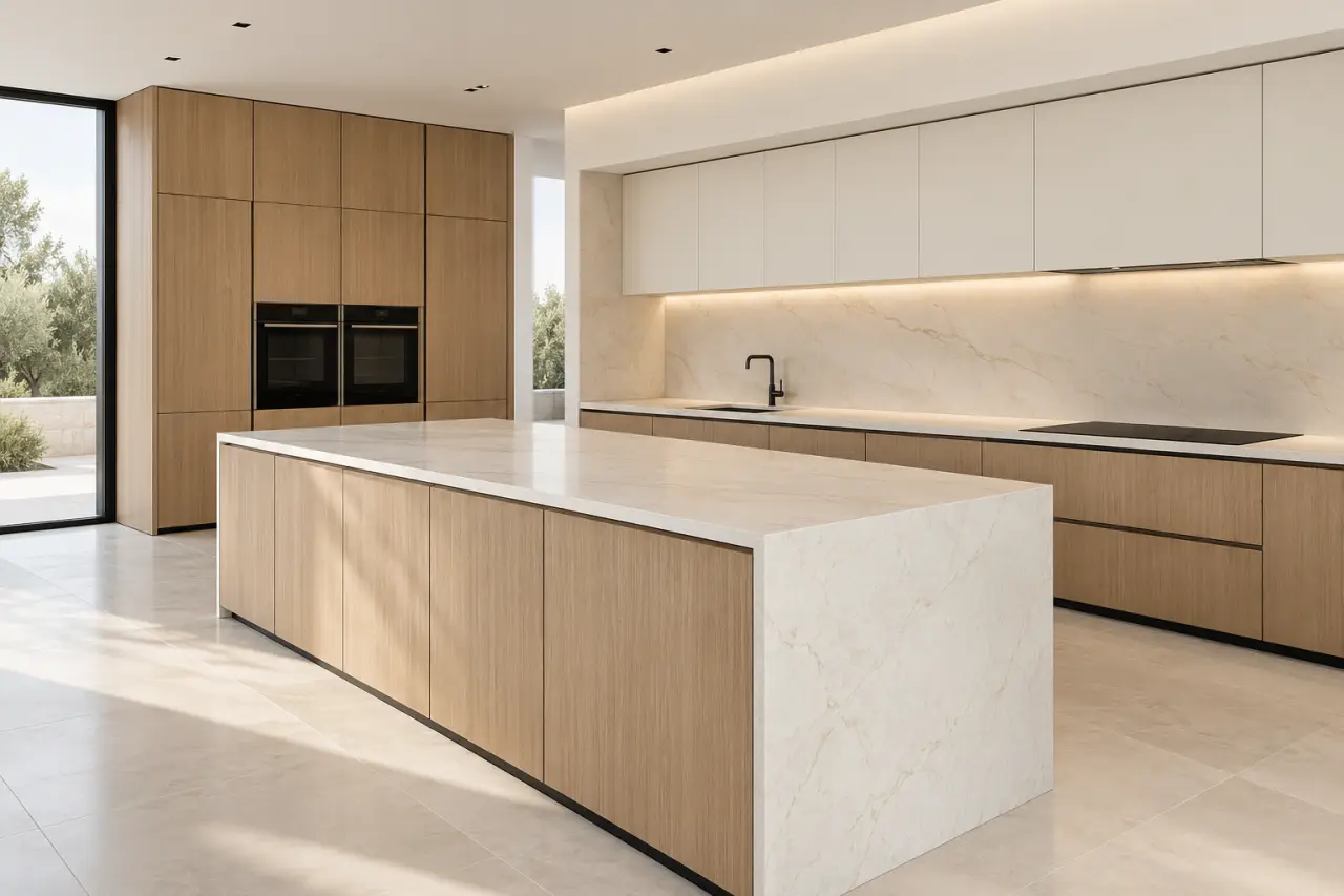 Cuisine haute de gamme contemporaine avec îlot, rangements intégrés et zones fonctionnelles bien organisées