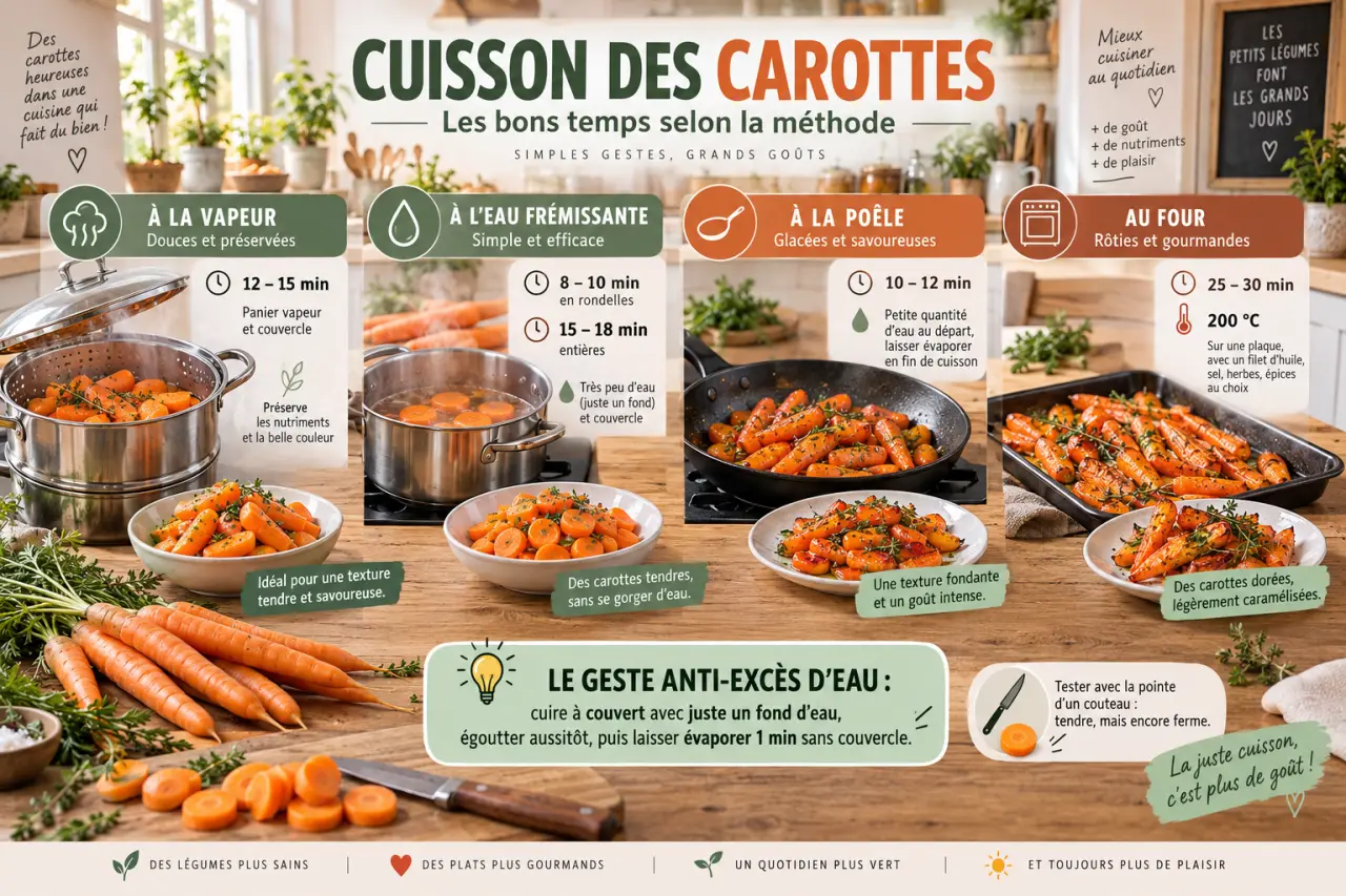 Cuisson des carottes : les bons temps selon la méthode et le geste pour éviter l’excès d’eau