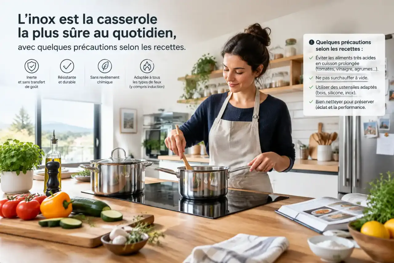 L’inox est la casserole la plus sûre au quotidien, avec quelques précautions selon les recettes