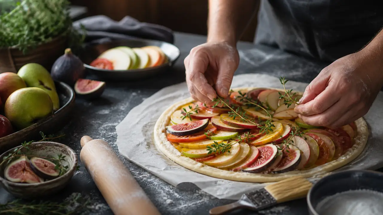 Tarte fine de saison dressée sur une table rustique avec lumière chaleureuse