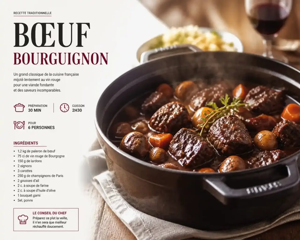 Plat mijoté de bœuf bourguignon en cocotte, recette de plats mijotés