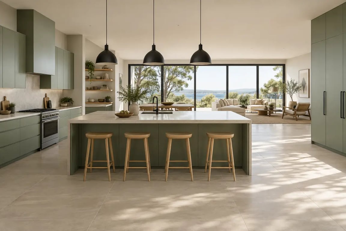 Couleur pour cuisine ouverte avec association beige grisé, vert sauge et noir