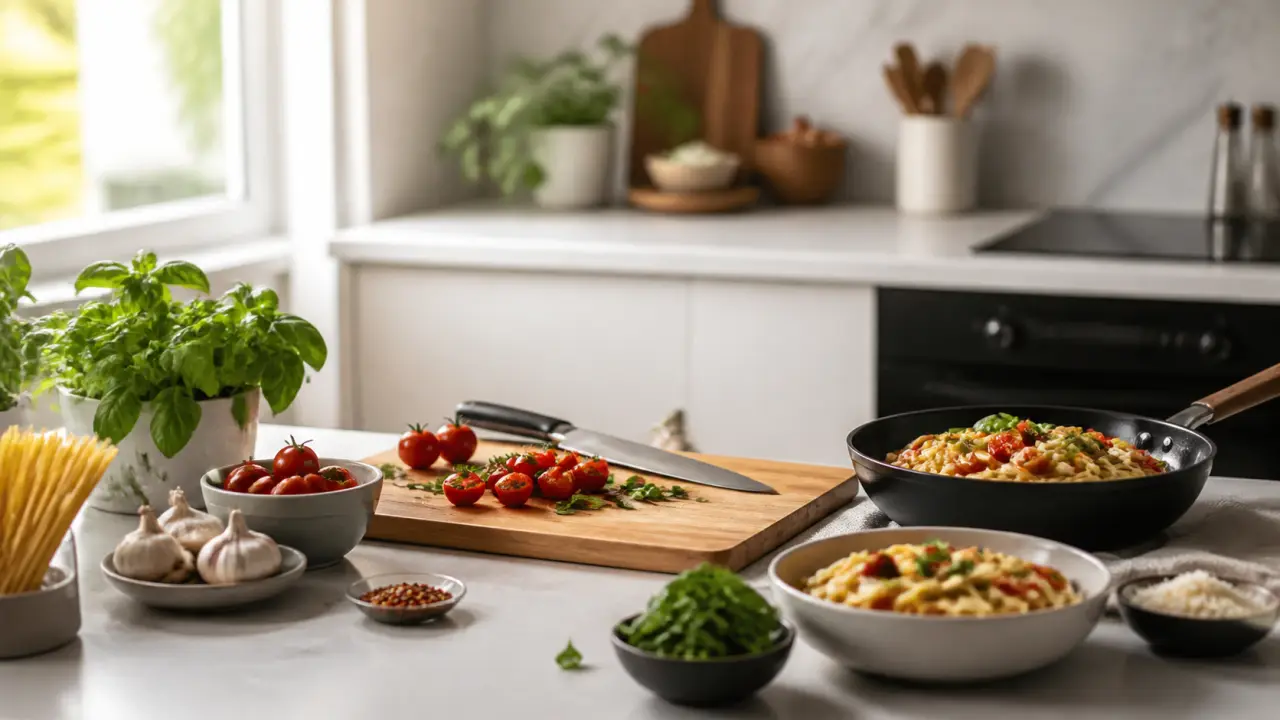 Ustensiles de cuisson professionnels sur un plan de travail