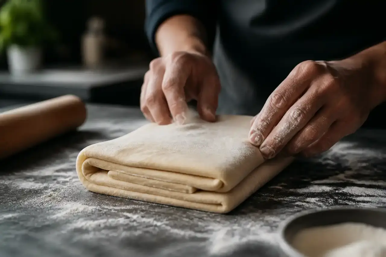 Mains de chef travaillant une pâte feuilletée sur un plan de travail fariné