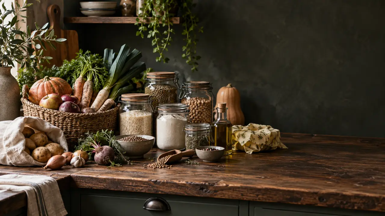 Garde-manger avec bocaux, légumineuses, céréales et produits de saison