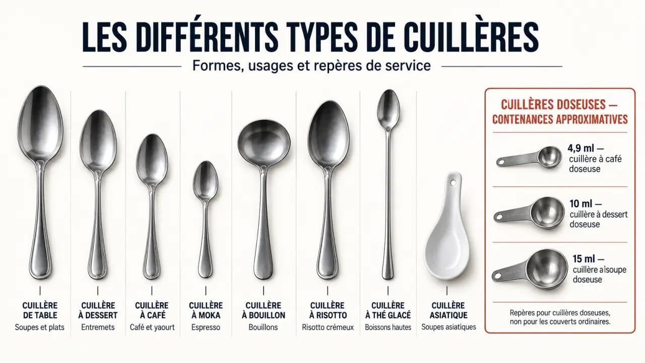 Infographie présentant les différents types de cuillères et leurs usages