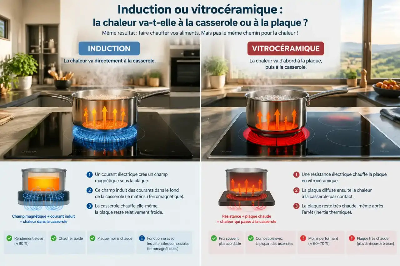 Induction ou vitrocéramique : la chaleur va-t-elle à la casserole ou à la plaque ?