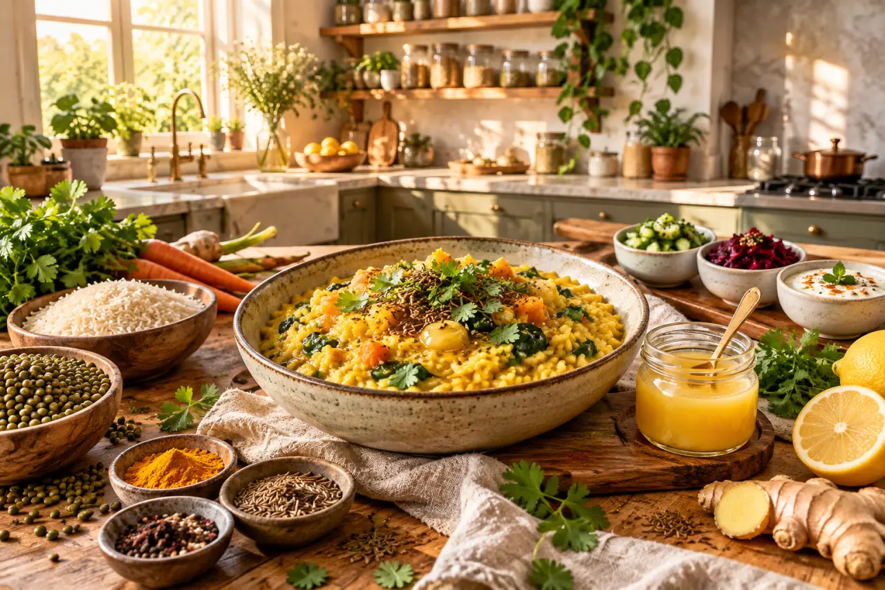 La recette ayurvédique commence par le kitchari, le ghee et l’adaptation aux doshas