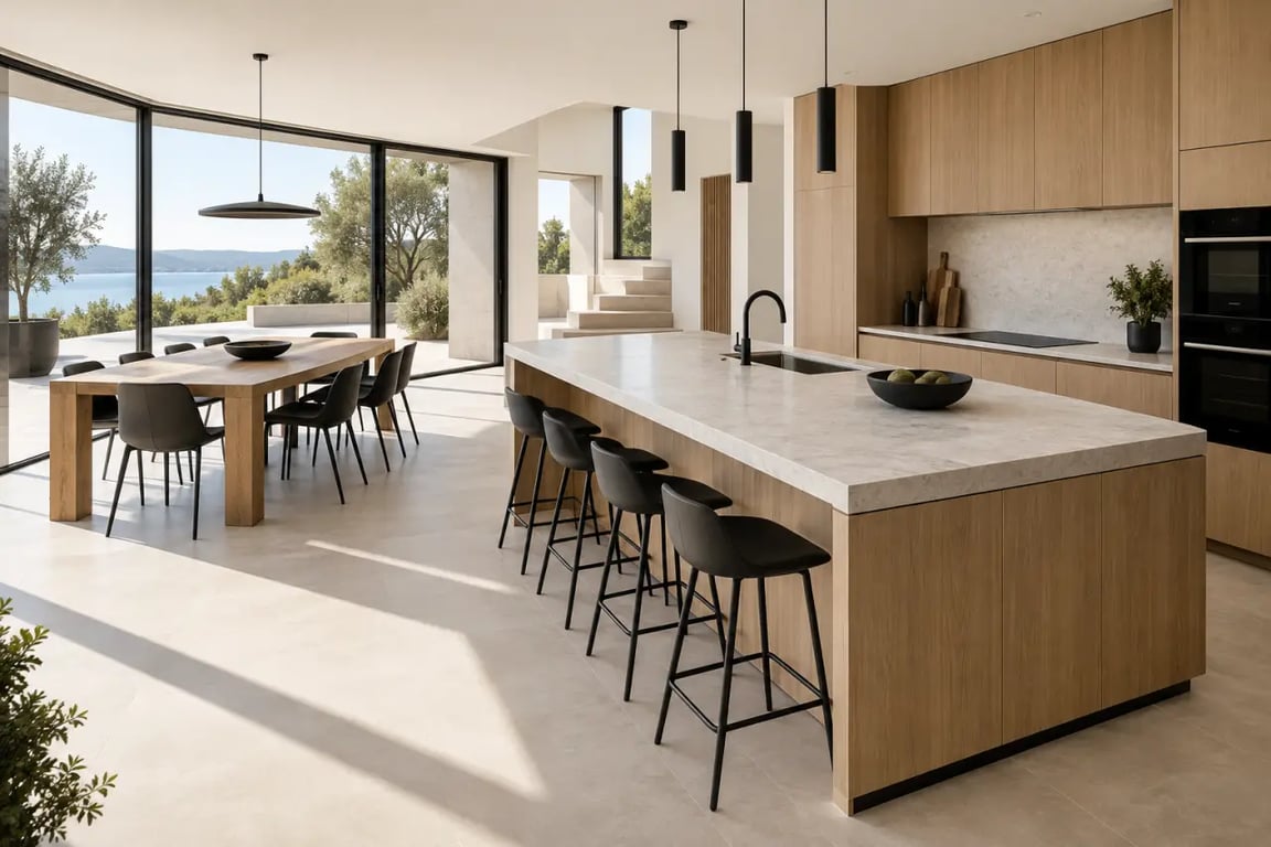 Cuisine salle à manger ouverte avec îlot central et table en bois