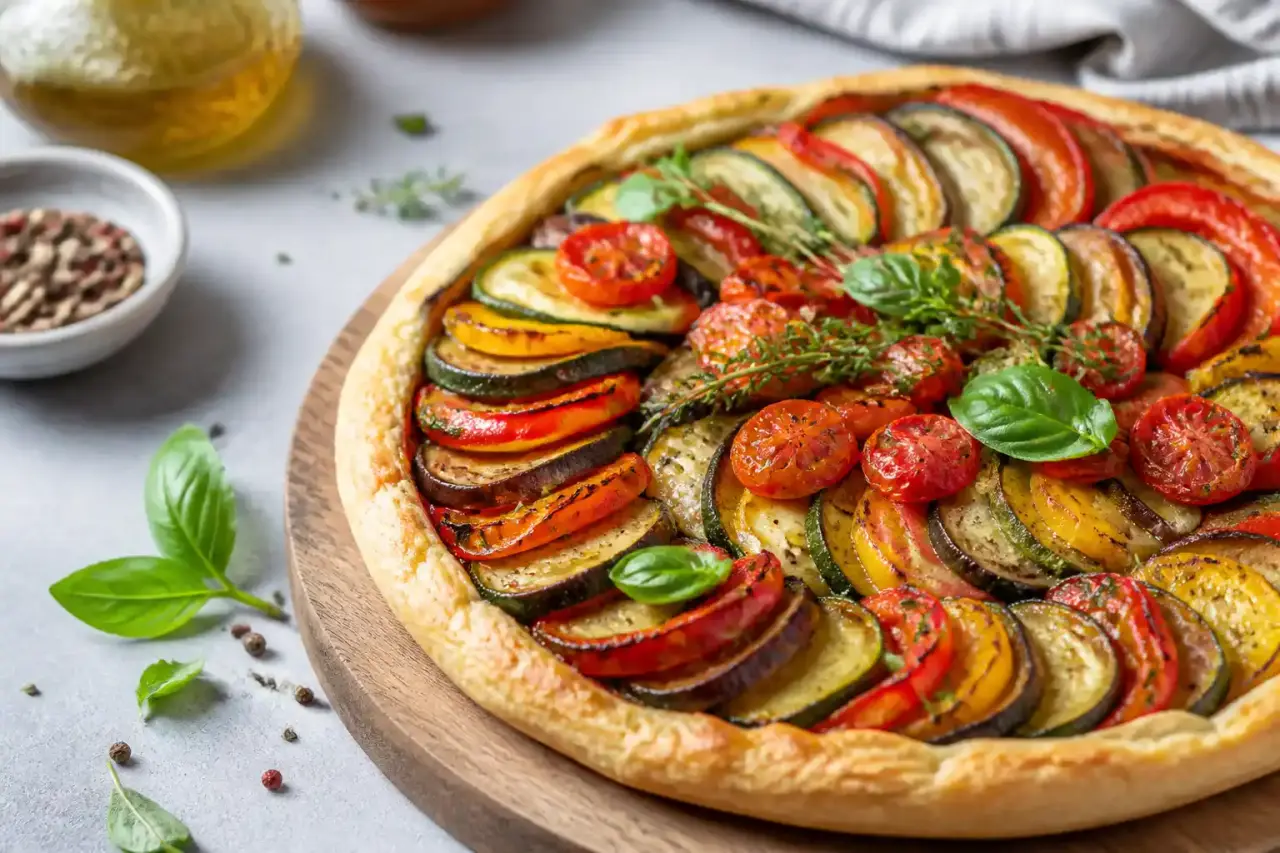 Tarte fine aux légumes rôtis, présentée sur une table en bois, dans une lumière chaude et naturelle