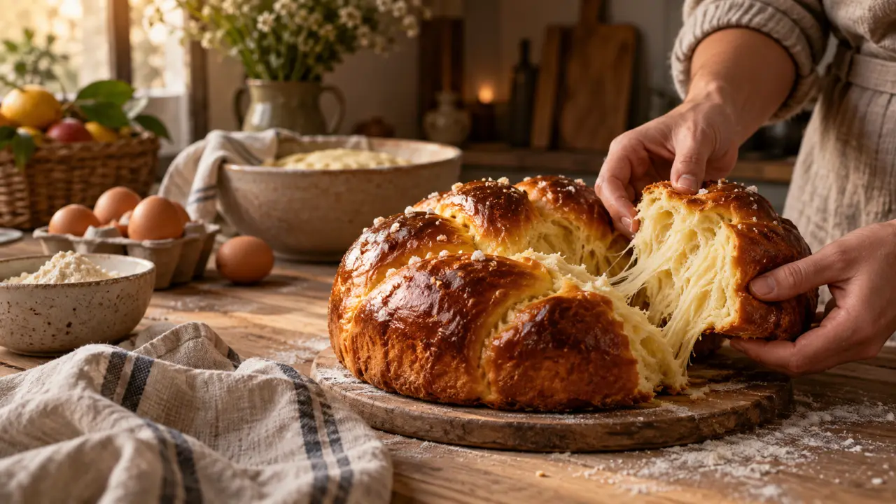 Pâte à brioche travaillée à la main sur un plan de travail fariné