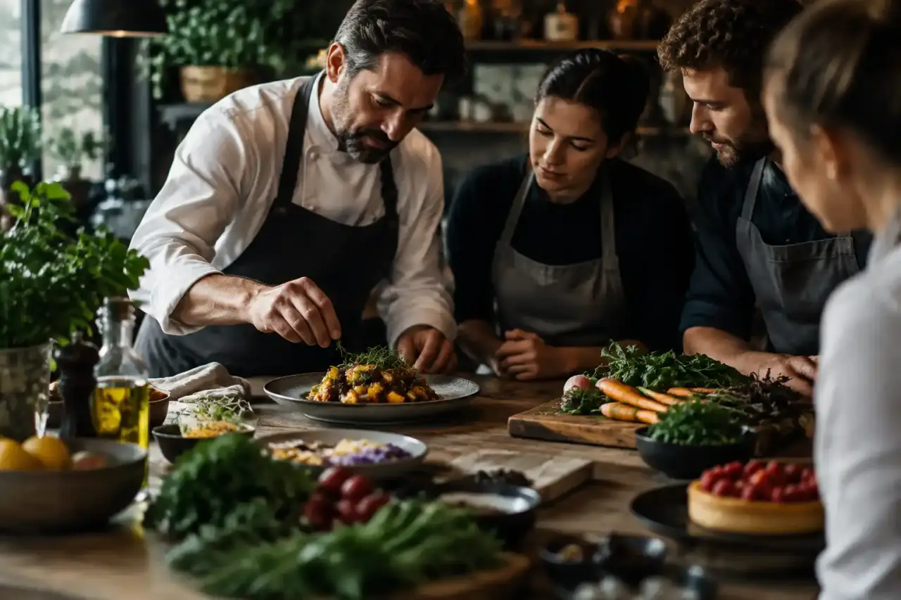 Plan de travail culinaire chaleureux avec ustensiles et ingrédients de saison