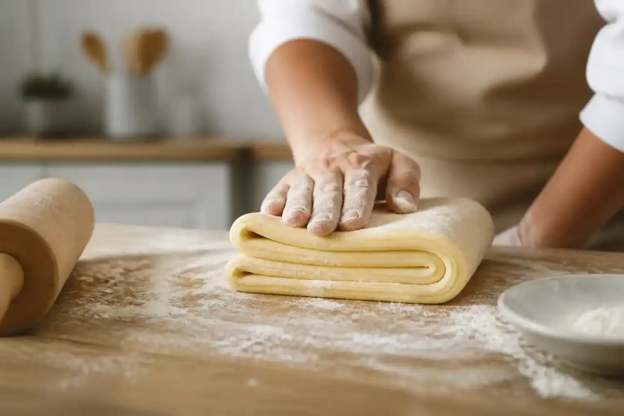 Table rustique avec pâte feuilletée, farine et ustensiles de cuisine sous une lumière naturelle chaude