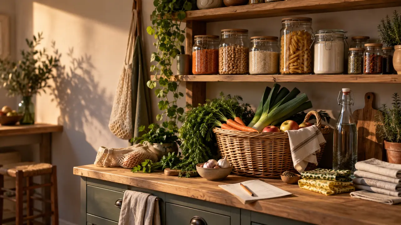 Garde-manger organisé avec des produits secs, des bocaux et des légumes de saison