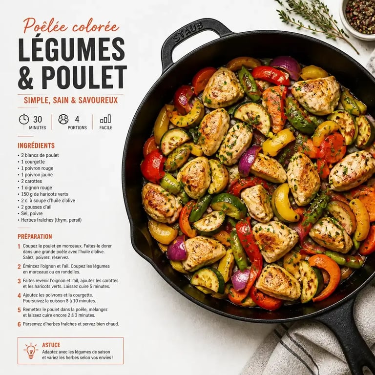 Recette à la poêle : poêlée de légumes et poulet dans une poêle en fonte