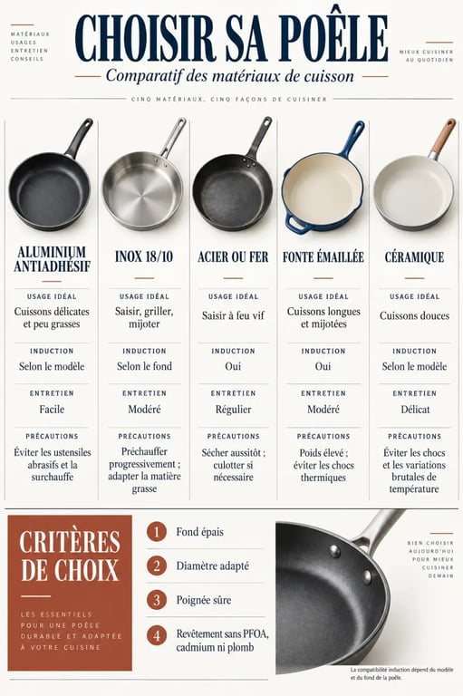 Infographie comparative pour choisir les meilleur poeles selon le matériau, l’induction et l’entretien