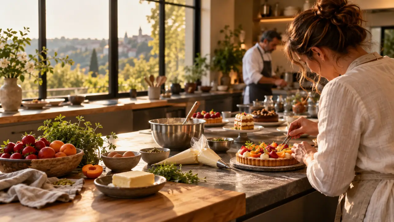 Mains préparant une pâte sur un plan de travail en bois dans un atelier de pâtisserie