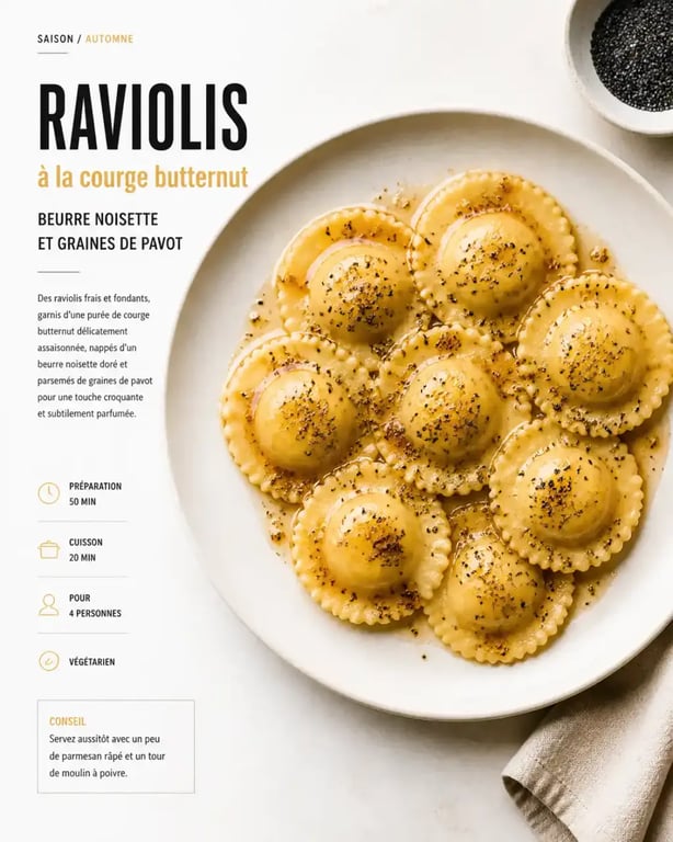 Recette avec des pâtes fraîches : raviolis à la courge butternut et beurre noisette