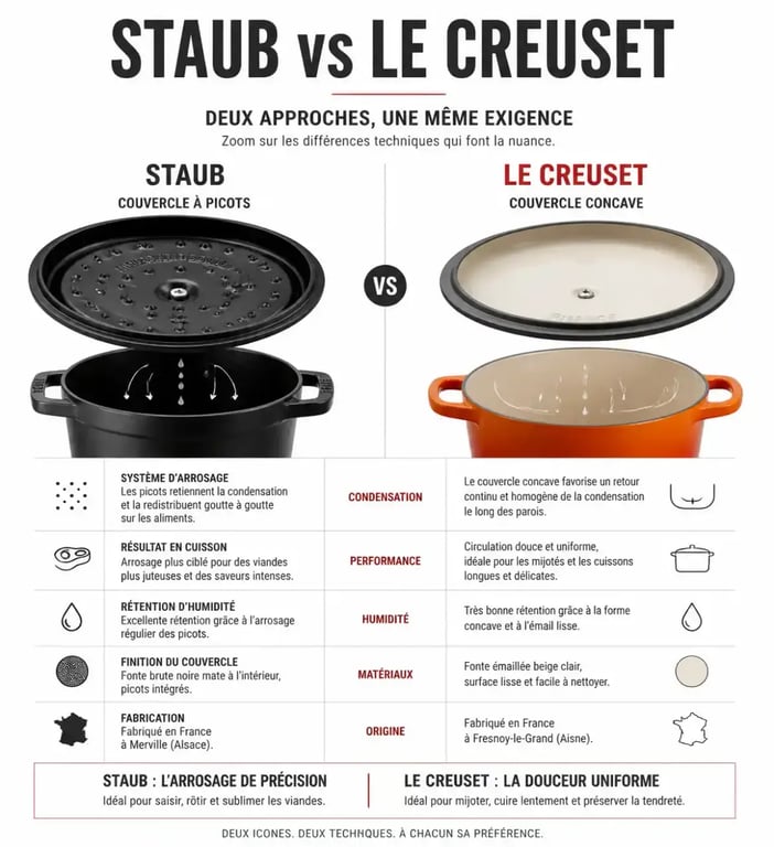 Comparatif technique des cocottes Staub ou Le Creuset : différences de couvercles et d'émail