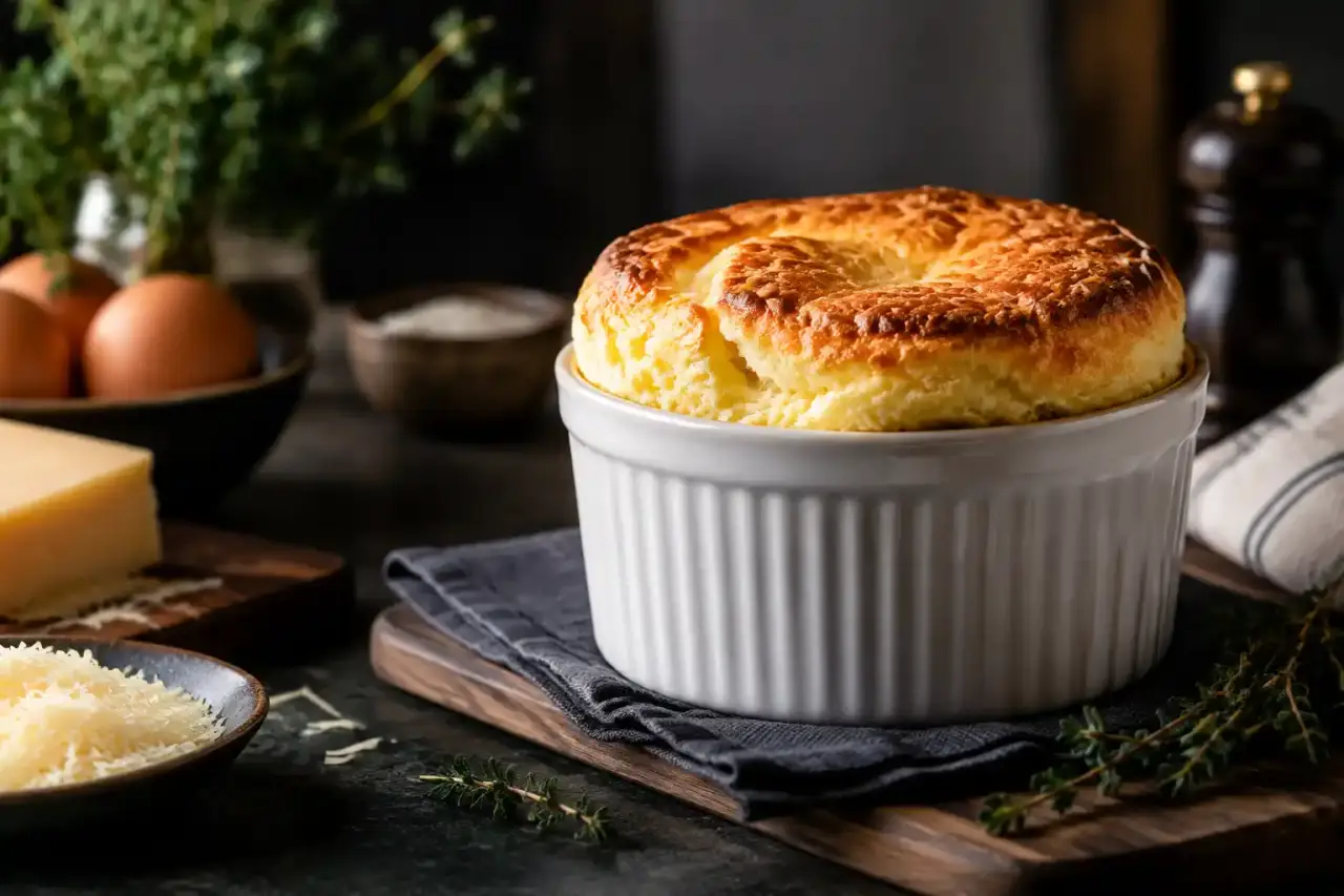 Soufflé au fromage doré et bien gonflé dans un ramequin