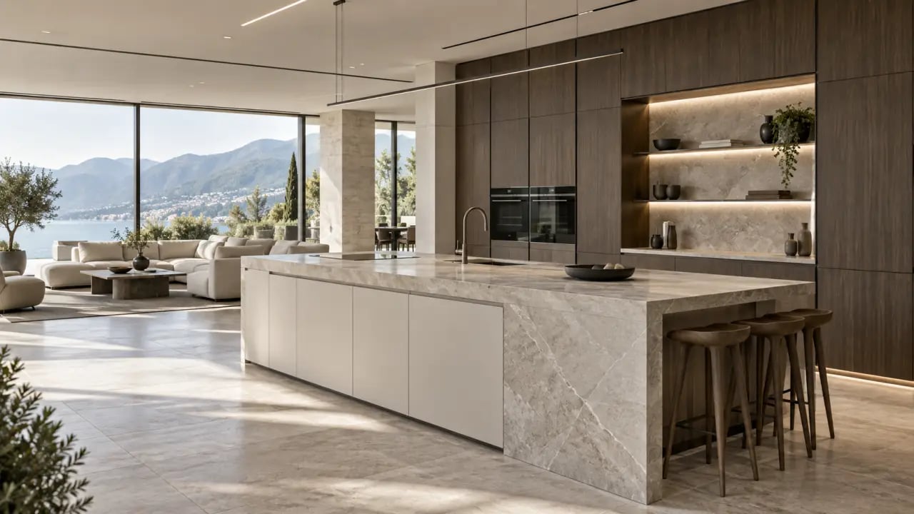 Cuisine haut de gamme italienne ouverte sur le séjour avec îlot central et façades sans poignées