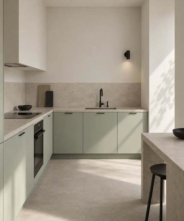 Couleur pour cuisine petite et sombre avec murs clairs et meubles vert pâle