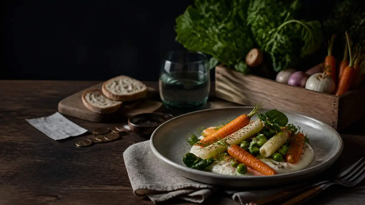 Table rustique avec ingrédients de saison et ustensiles de cuisine, ambiance chaleureuse