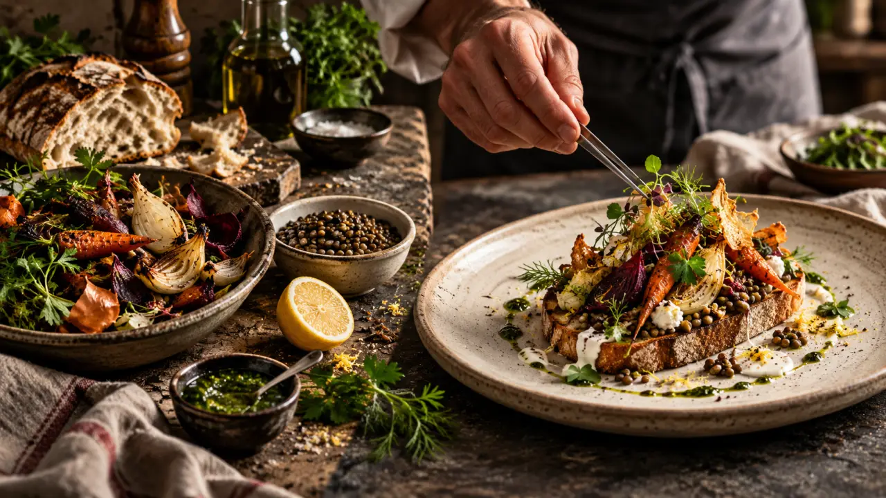 Assiette créative réalisée à partir de restes de légumes et d’herbes fraîches