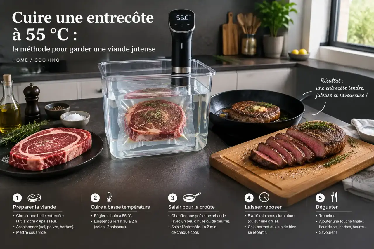 Cuire une entrecôte à 55 °C : la méthode pour garder une viande juteuse