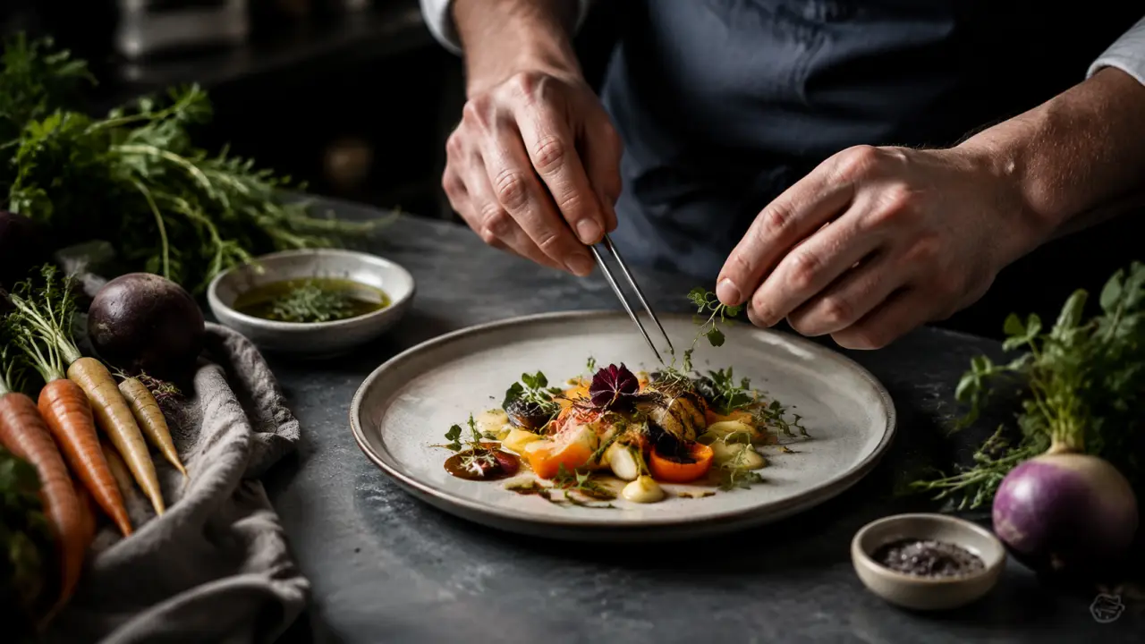 Assiette gourmande dressée avec soin dans une ambiance chaleureuse