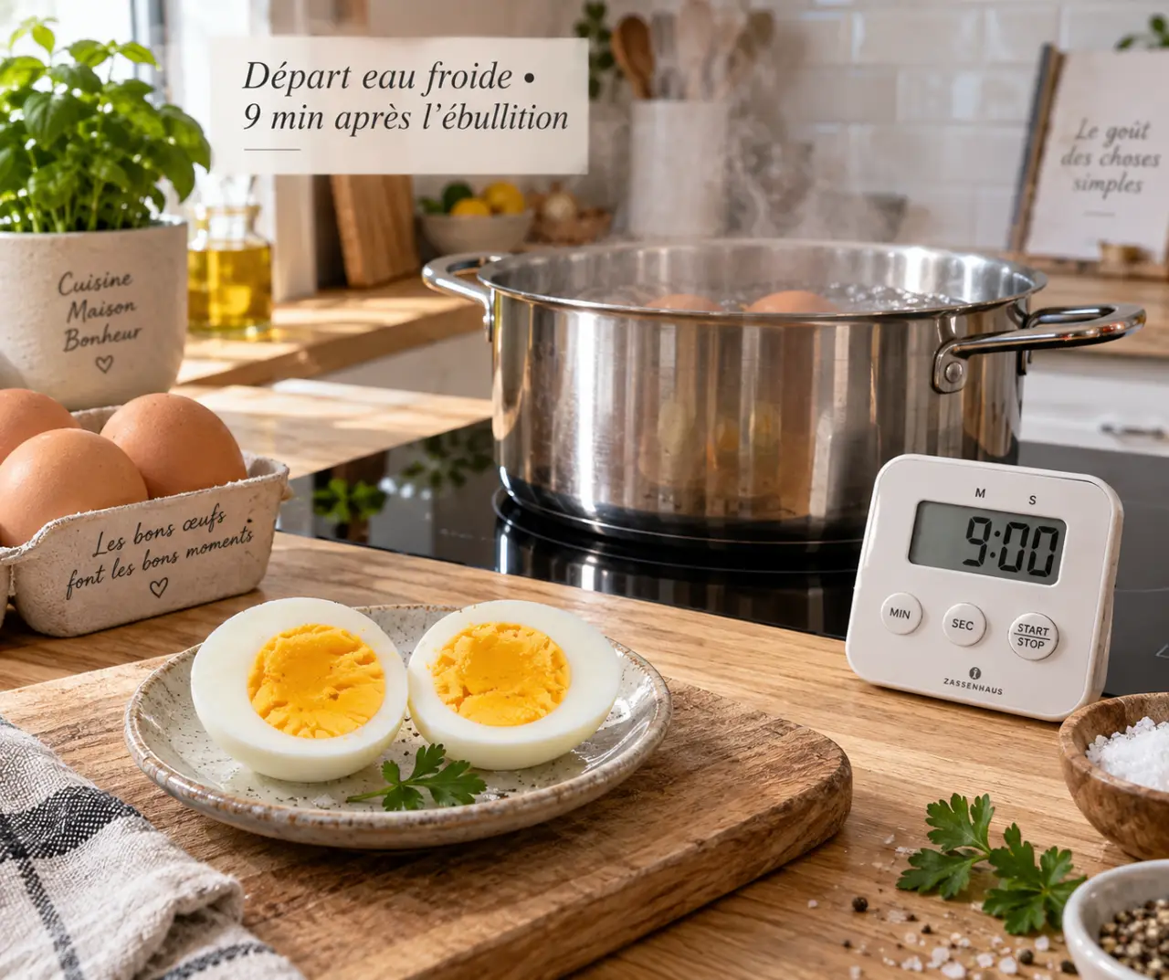 Cuisson départ eau froide : 9 minutes après l’ébullition pour un jaune sans liseré gris