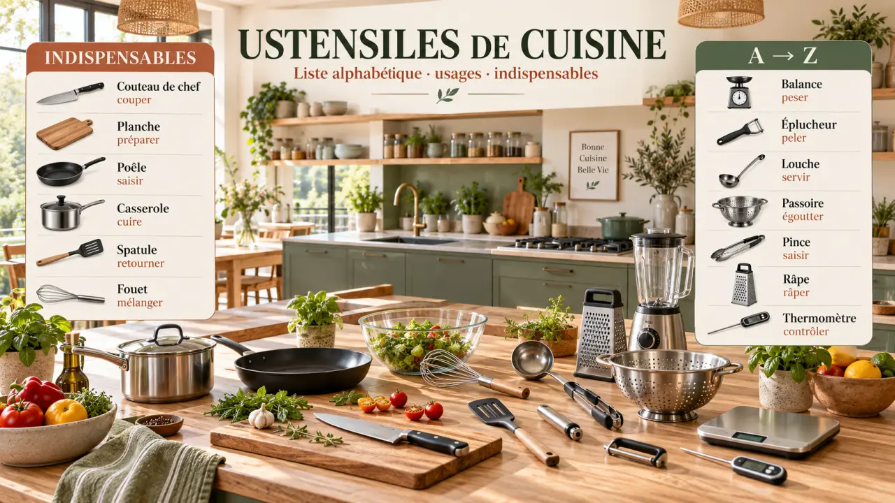 Quels ustensiles de cuisine choisir : liste alphabétique, usages et indispensables